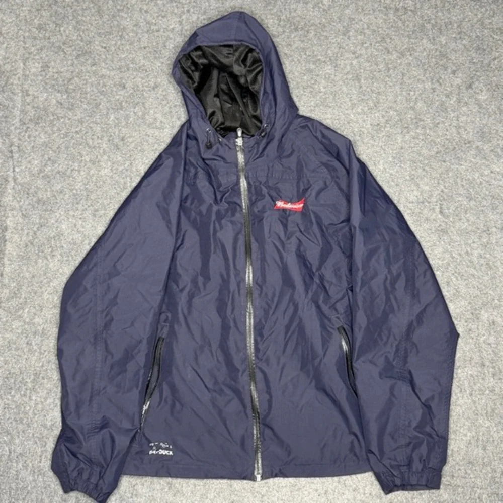 Dri Duck‎ Mens Budweiser Windbreaker Jacket Navy Blue Full Zip Hooded Large 5068